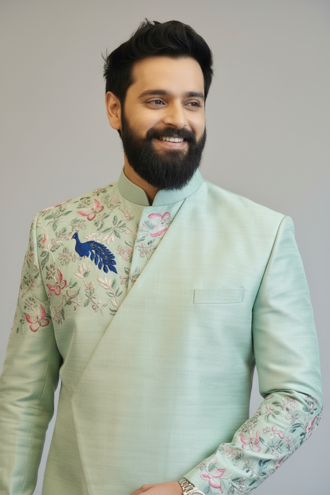 Mint Green Embroidered Indo-Western Suit for Men – Designer Wedding & Festive Wear
