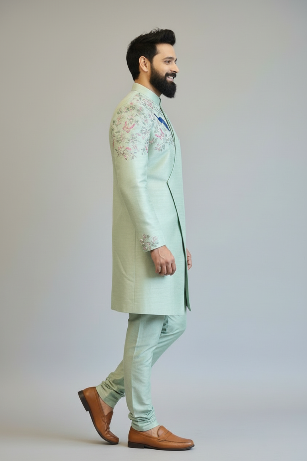 Mint Green Embroidered Indo-Western Suit for Men – Designer Wedding & Festive Wear