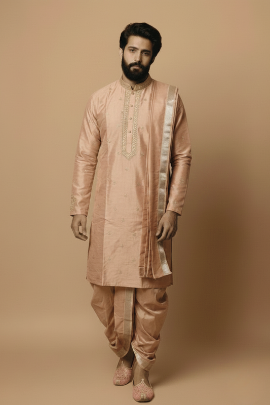Premium Peach Pattu Pancha Kurta Set for Men with Thirunamam, Shanku & Chakra  Embroidery – Traditional Wedding & Temple Wear