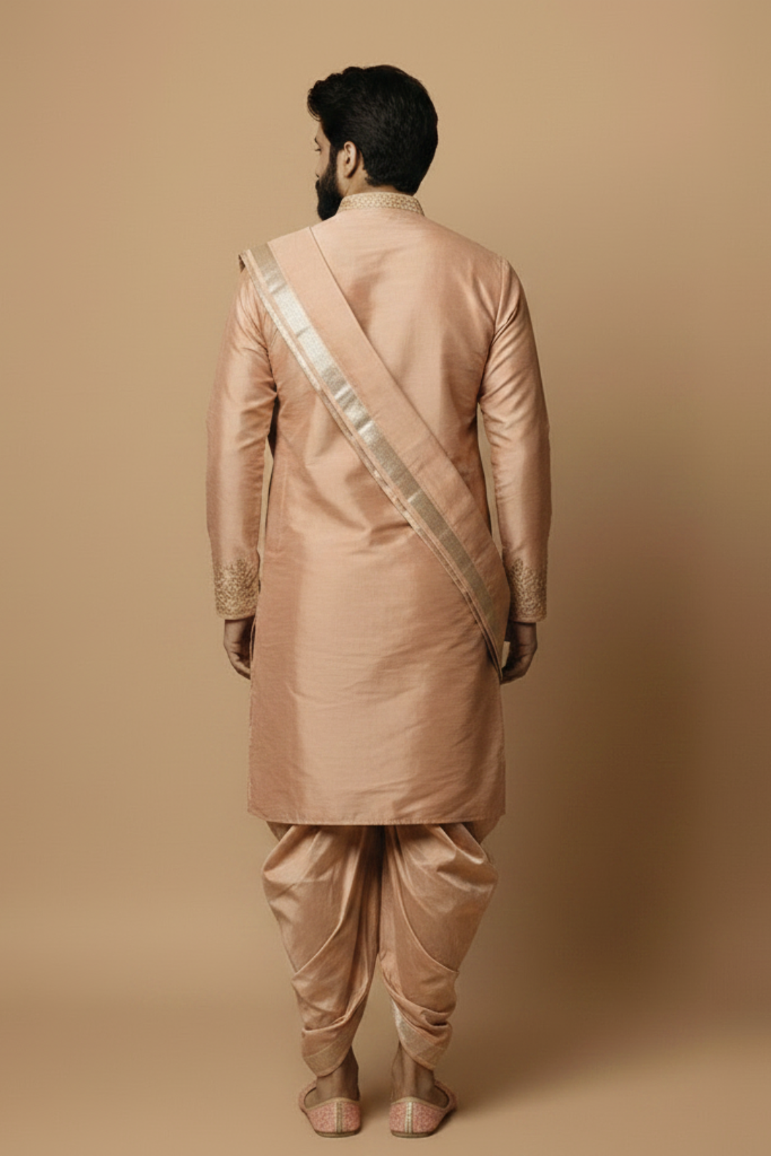 Premium Peach Pattu Pancha Kurta Set for Men with Thirunamam, Shanku & Chakra  Embroidery – Traditional Wedding & Temple Wear
