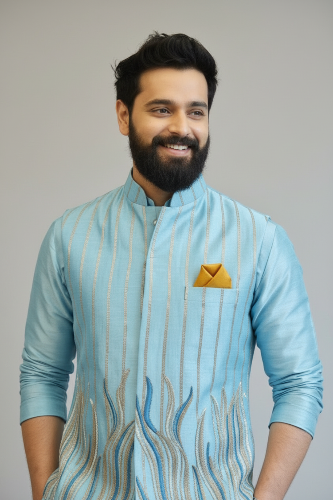 Man wearing a light blue traditional outfit with a yellow pocket square against a gray background