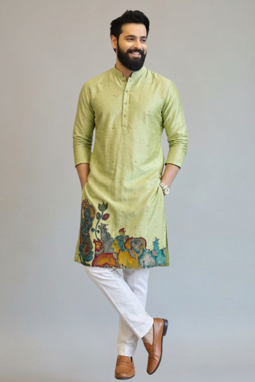 Men’s Light Pistachio Green Pichwai Painting Embroidered Kurta – Handcrafted Ethnic Festive Wear for Weddings & Traditional Occasions