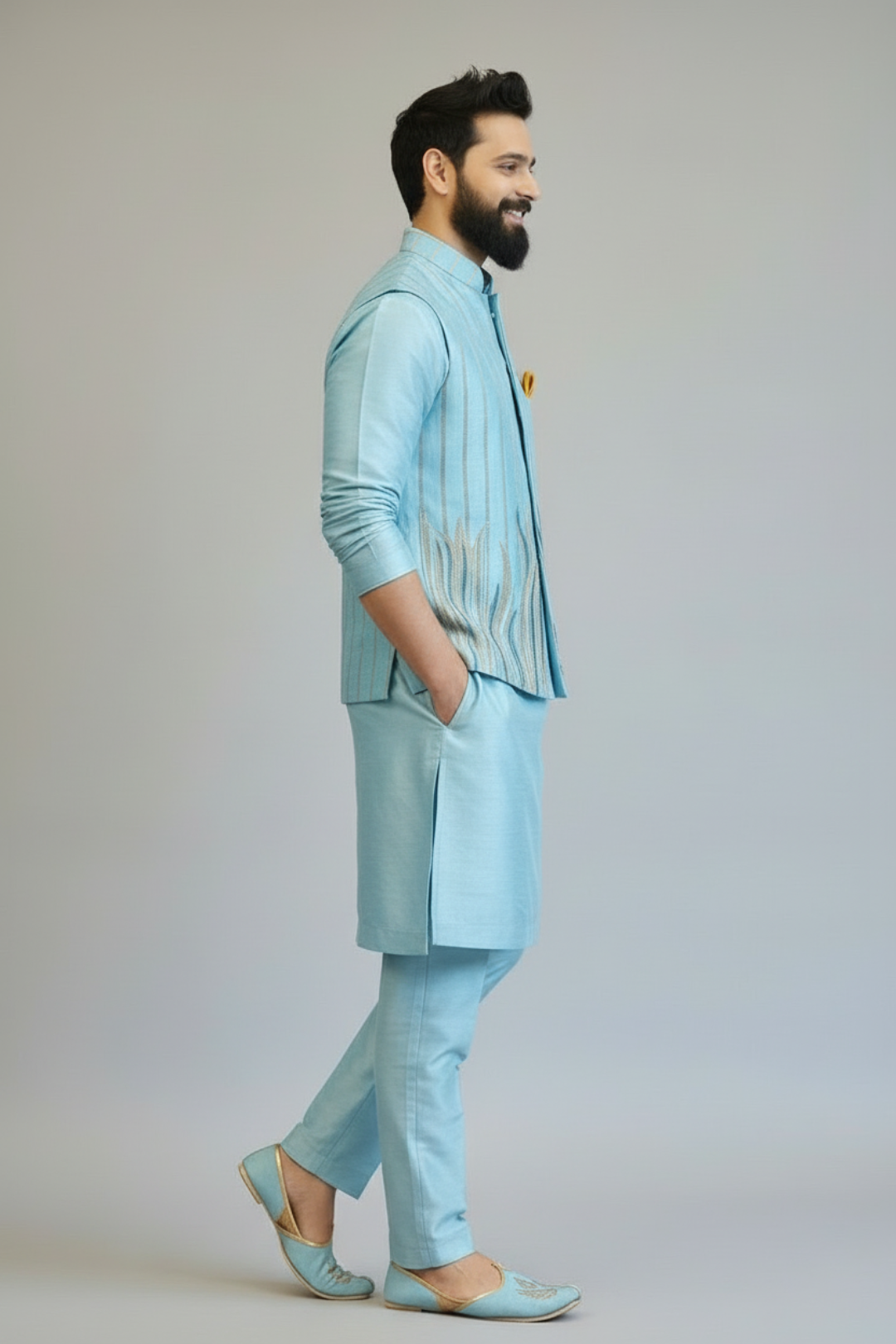 Man wearing a light blue traditional outfit with a plain background