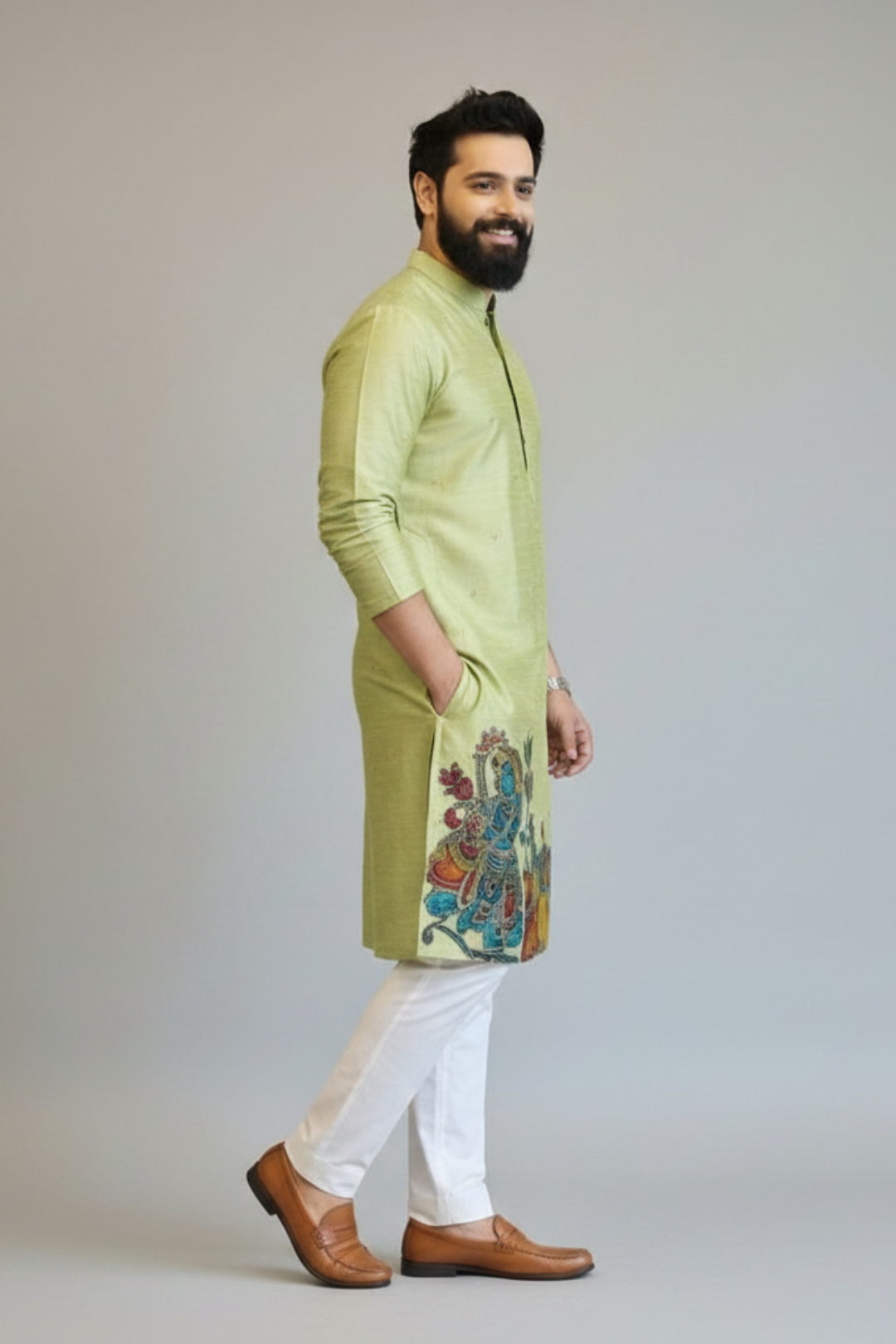 Men’s Light Pistachio Green Pichwai Painting Embroidered Kurta – Handcrafted Ethnic Festive Wear for Weddings & Traditional Occasions