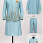 Light blue traditional outfit with kurta, pants, and sadri on a mannequin and separate images.