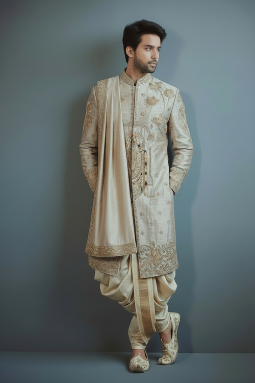 Man wearing a traditional embroidered sherwani against a plain background