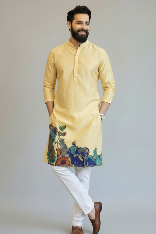 Men’s Light Yellow Pichwai Painting Embroidered Kurta – Handcrafted Ethnic Festive Wear for Weddings & Traditional Occasions