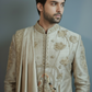 Man wearing a traditional embroidered sherwani against a gray background