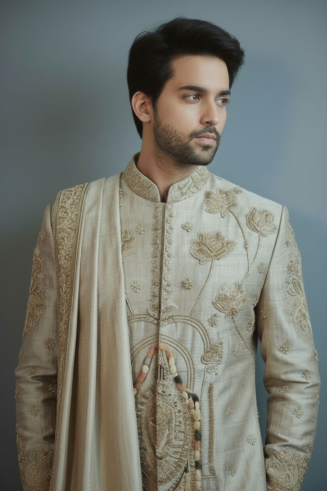 Man wearing a traditional embroidered sherwani against a gray background