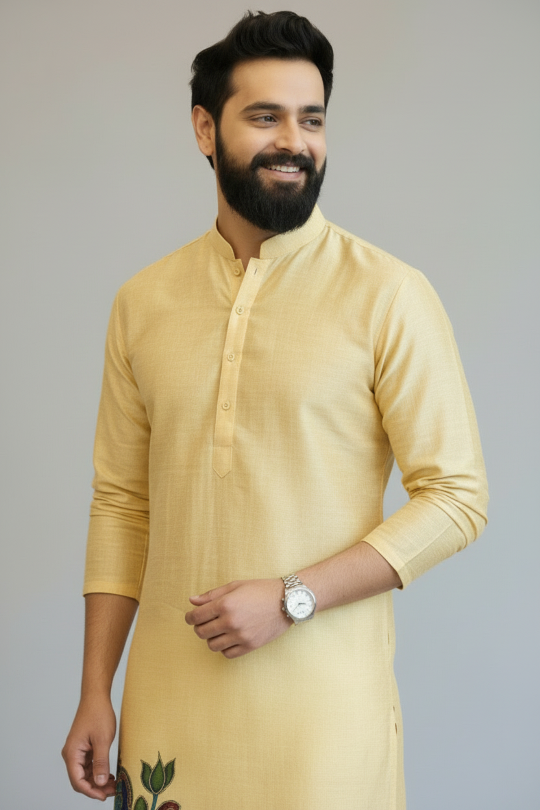 Men’s Light Yellow Pichwai Painting Embroidered Kurta – Handcrafted Ethnic Festive Wear for Weddings & Traditional Occasions