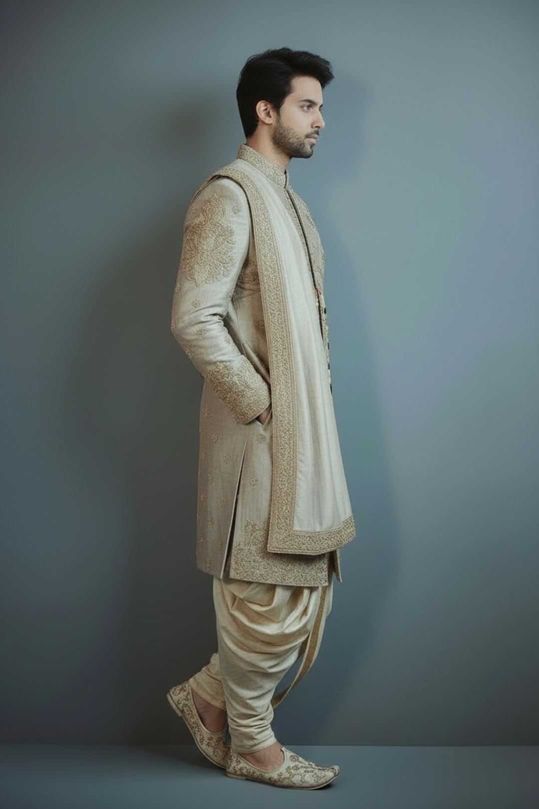 Man wearing a traditional beige sherwani against a plain background