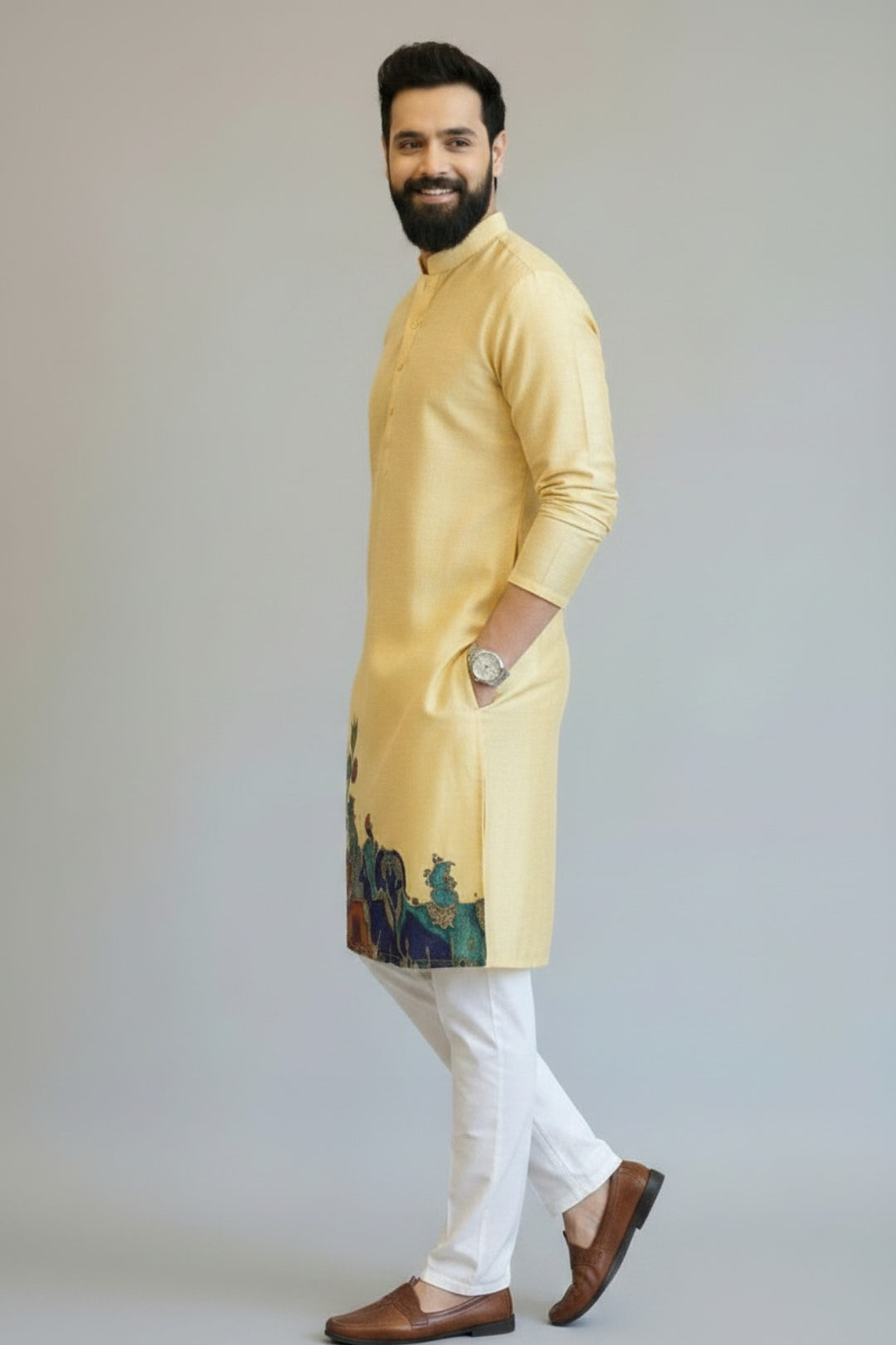 Men’s Light Yellow Pichwai Painting Embroidered Kurta – Handcrafted Ethnic Festive Wear for Weddings & Traditional Occasions