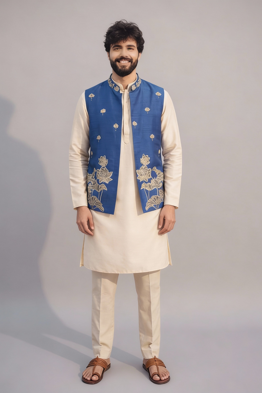 Men’s Royal Blue Embroidered Nehru Jacket – Designer Sadri