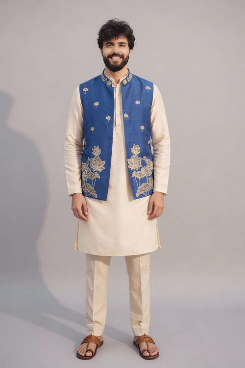 Men’s Royal Blue Embroidered Nehru Jacket – Designer Sadri