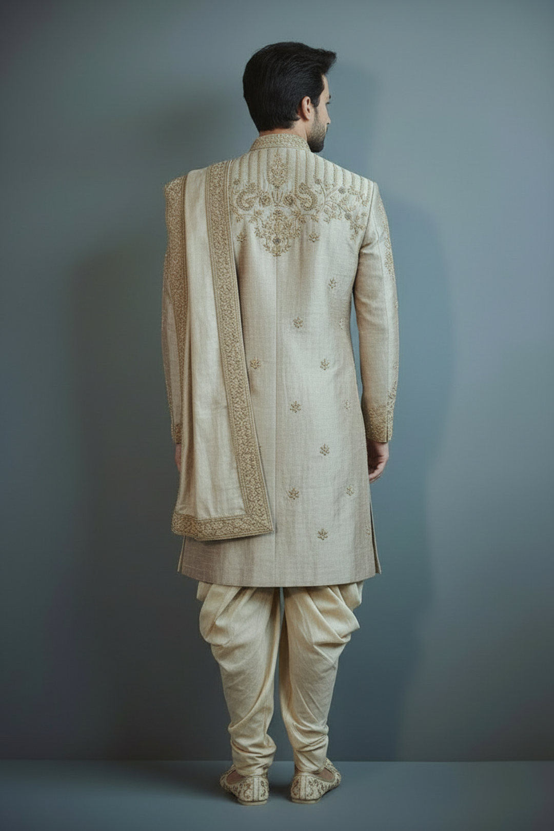 Man wearing a traditional beige sherwani with intricate embroidery on a gray background