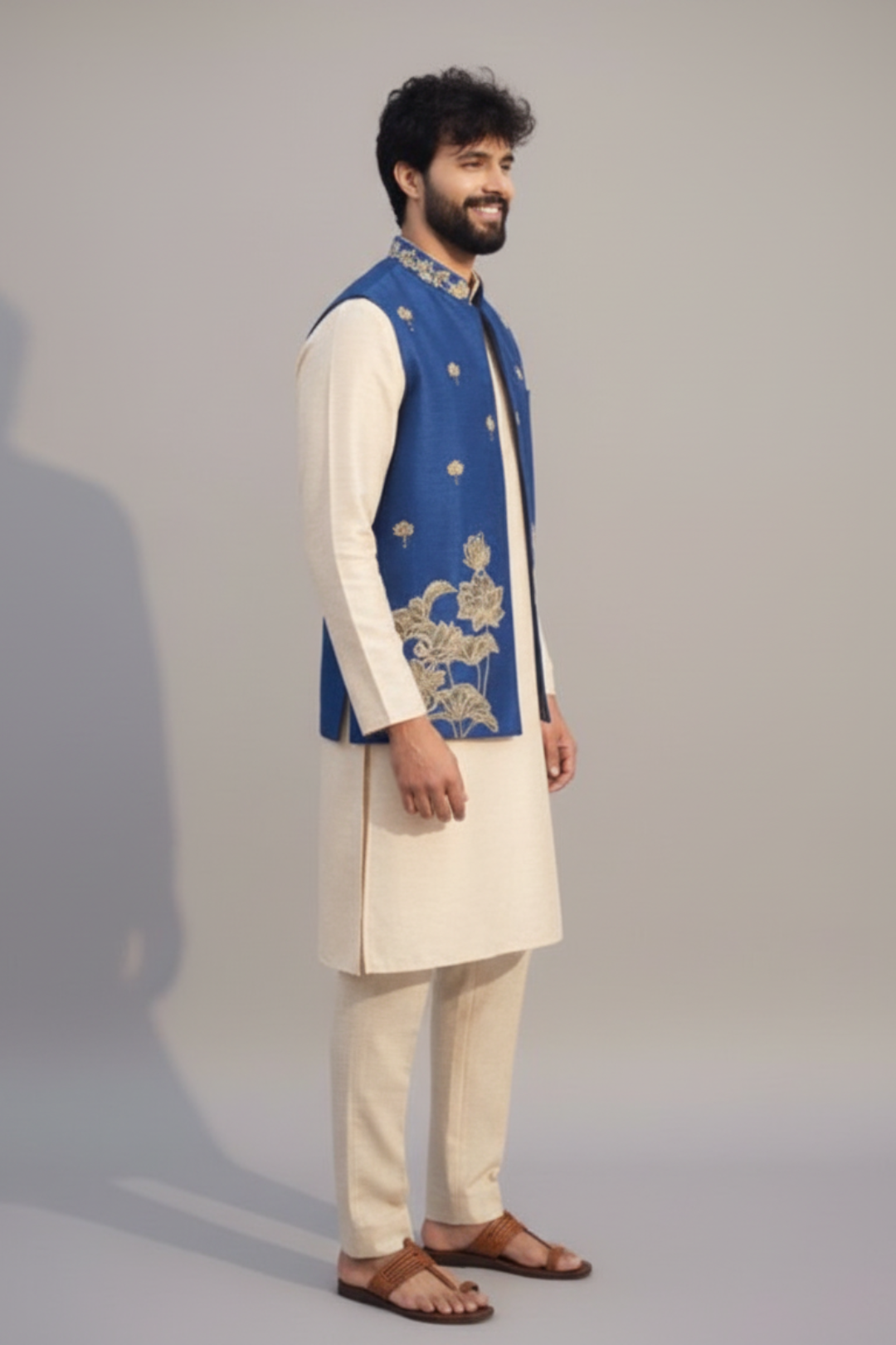 Men’s Royal Blue Embroidered Nehru Jacket – Designer Sadri