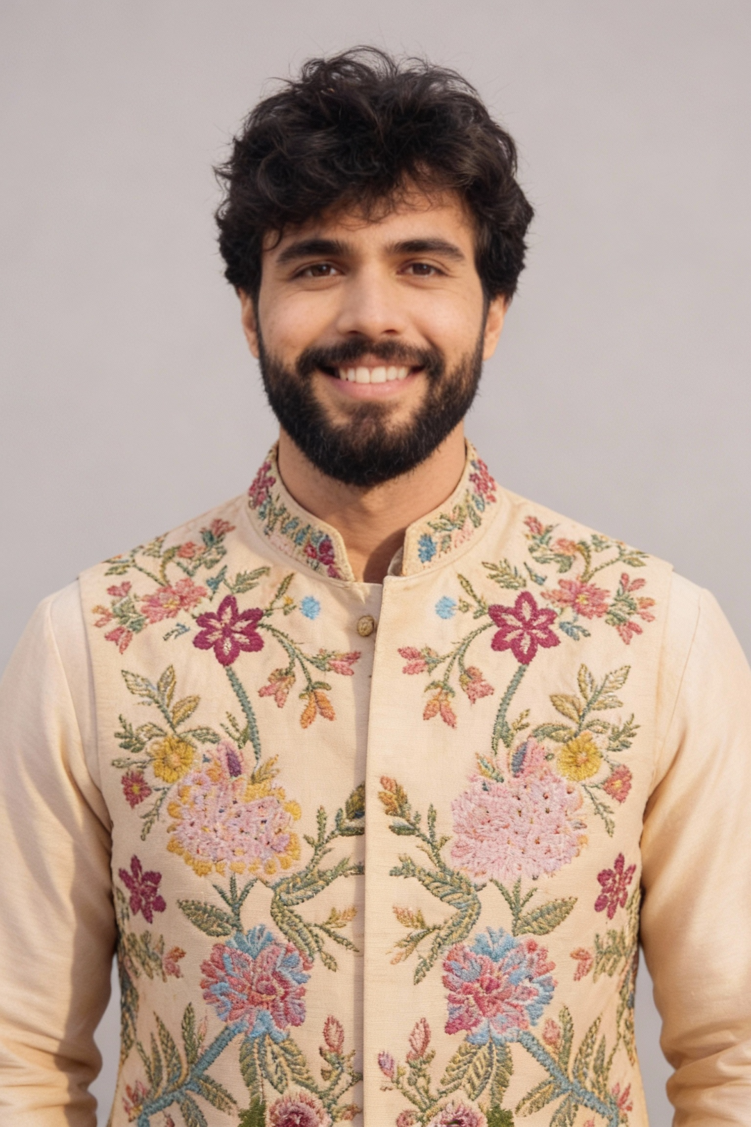 Men’s Cream Multicolor Embroidered Nehru Jacket – Designer Sadri