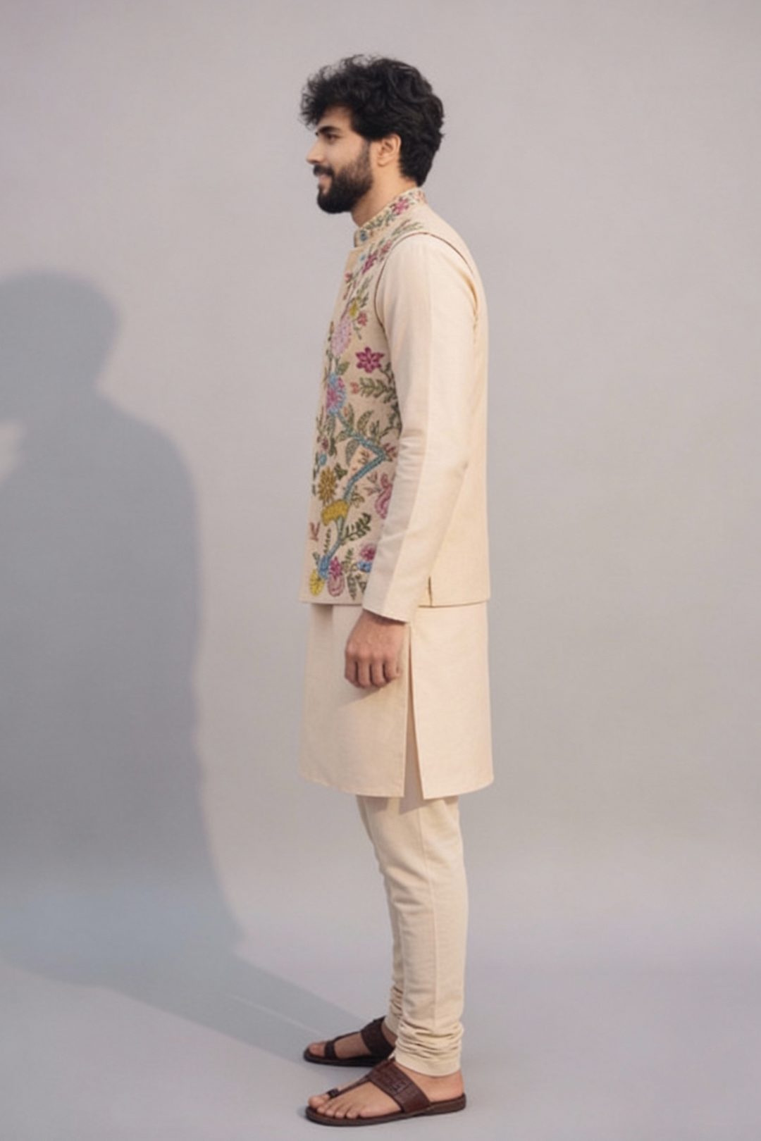 Men’s Cream Multicolor Embroidered Nehru Jacket – Designer Sadri