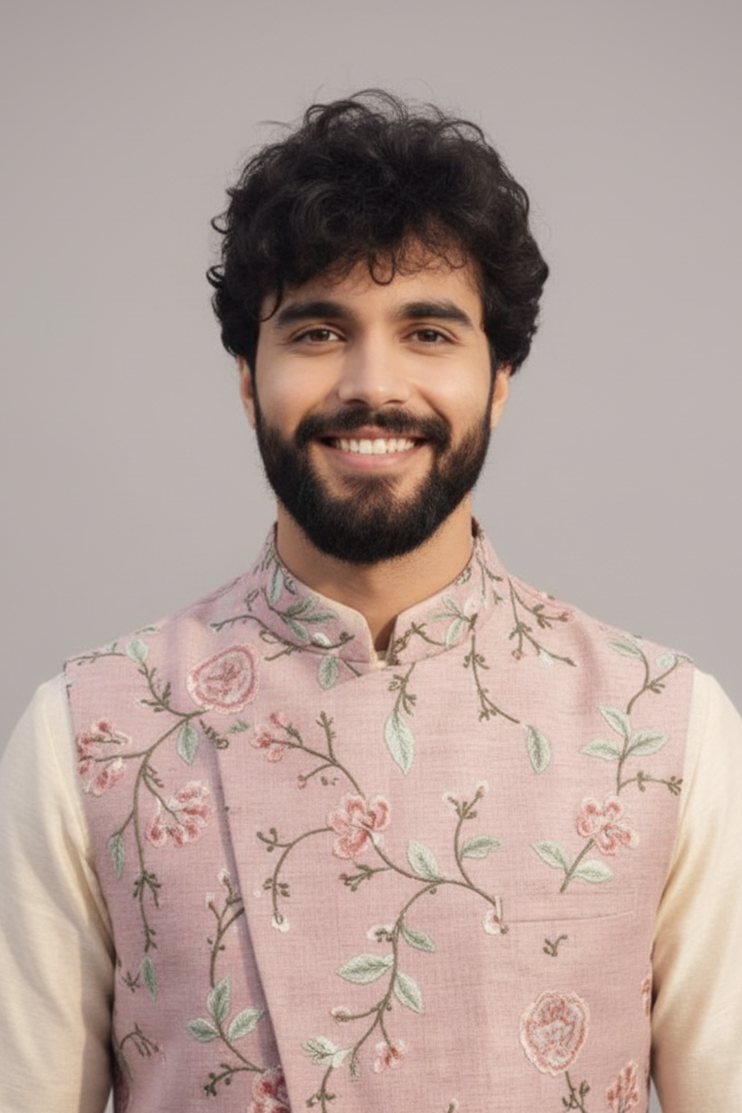 Men’s Pastel Pink Floral Embroidered Nehru Jacket Set – Designer Sadri with Kurta Pajama
