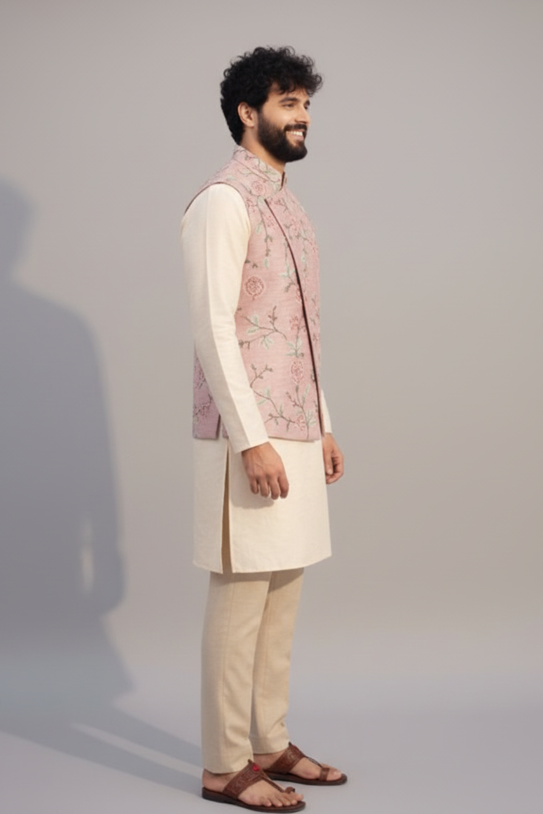 Men’s Pastel Pink Floral Embroidered Nehru Jacket Set – Designer Sadri with Kurta Pajama