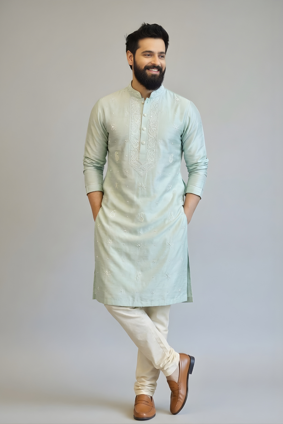 Man wearing a light green kurta with white pants against a plain background