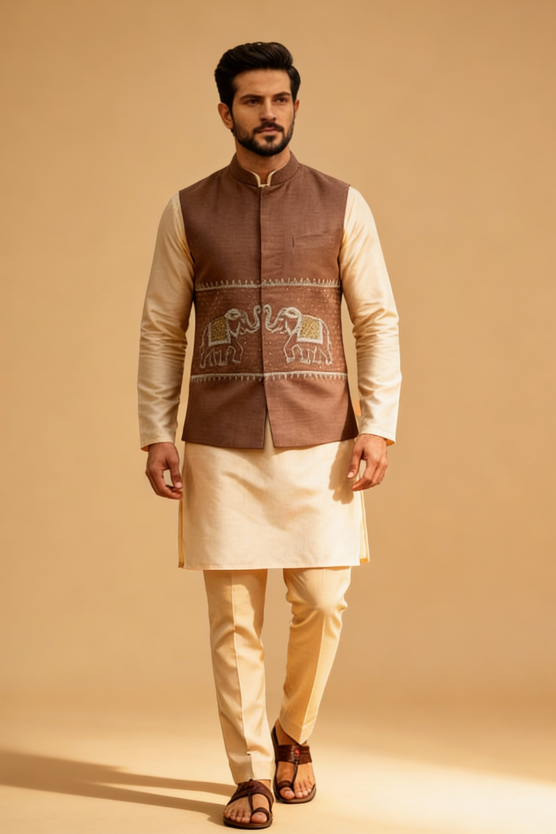 Men’s Brown Embroidered Nehru Jacket – Designer Sadri
