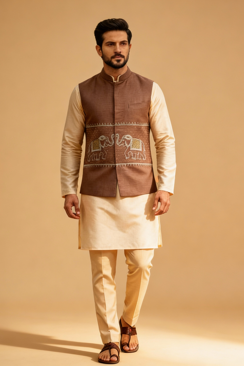 Men’s Brown Embroidered Nehru Jacket – Designer Sadri