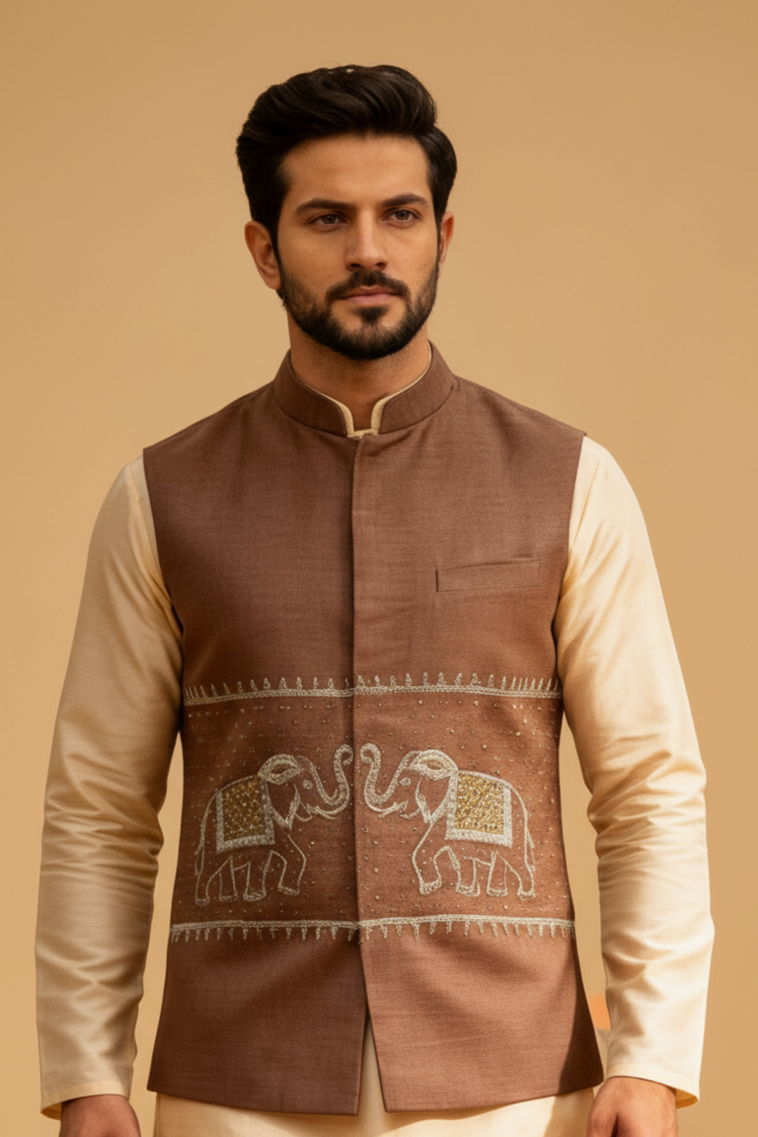 Men’s Brown Embroidered Nehru Jacket – Designer Sadri