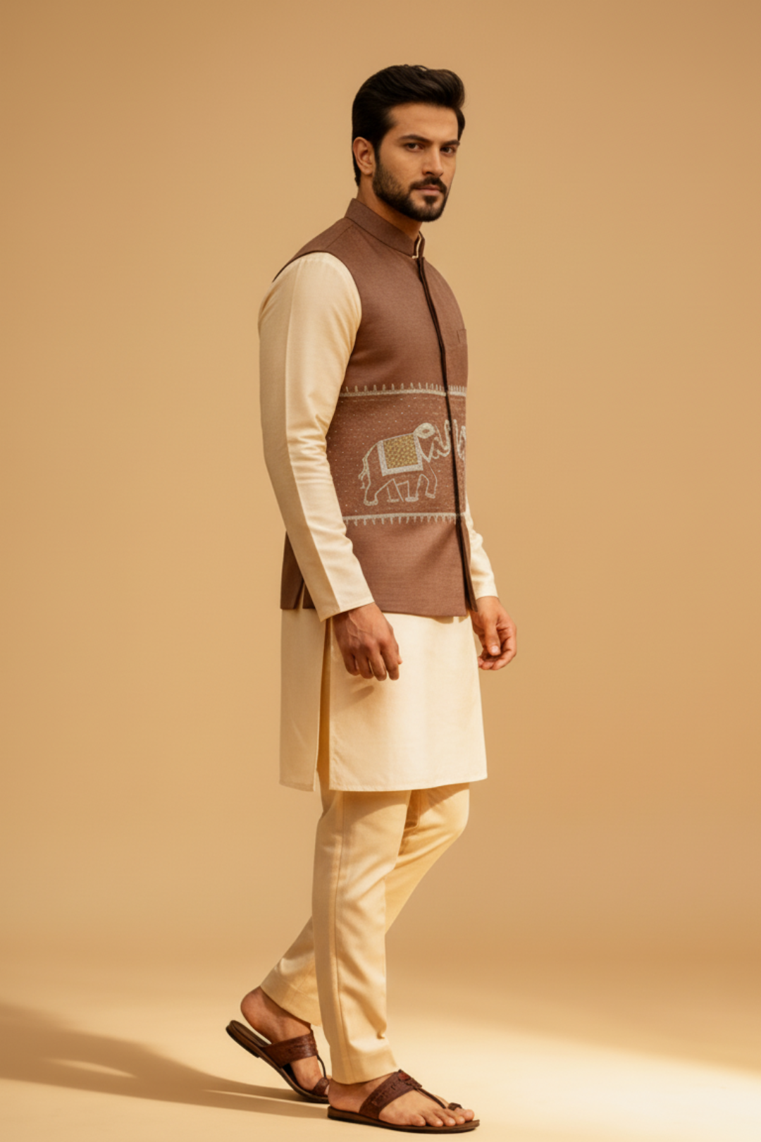 Men’s Brown Embroidered Nehru Jacket – Designer Sadri