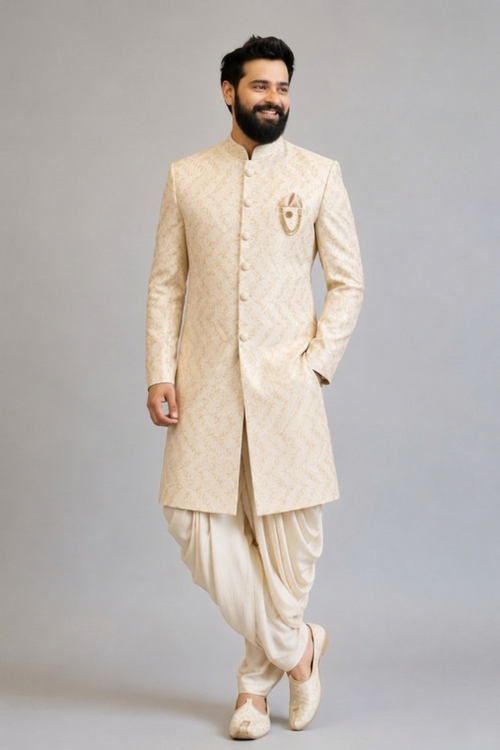 Men’s Cream Self-Textured Sherwani Set with Dhoti – Royal Wedding Wear