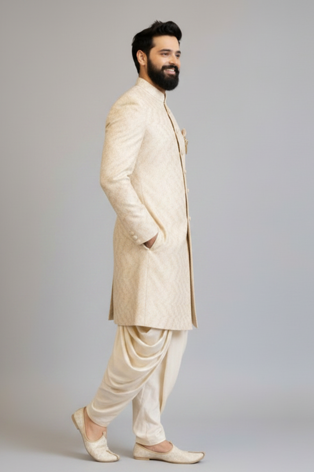 Men’s Cream Self-Textured Sherwani Set with Dhoti – Royal Wedding Wear