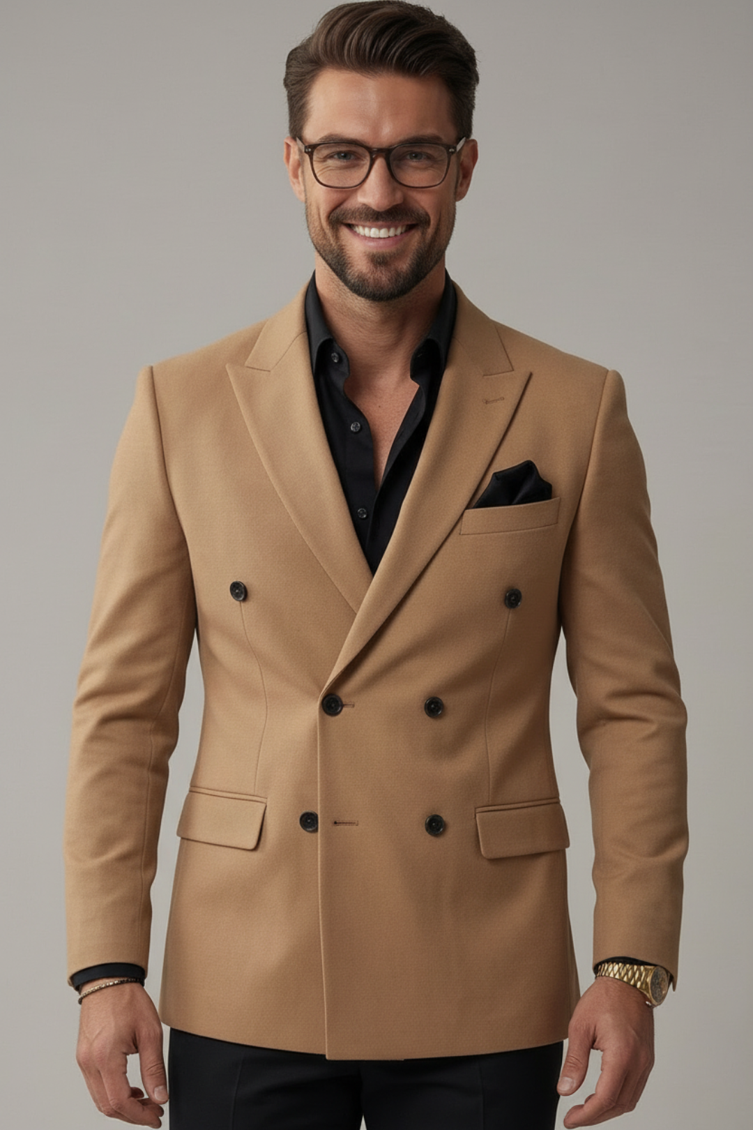 Man wearing a tan double-breasted jacket with a gray background