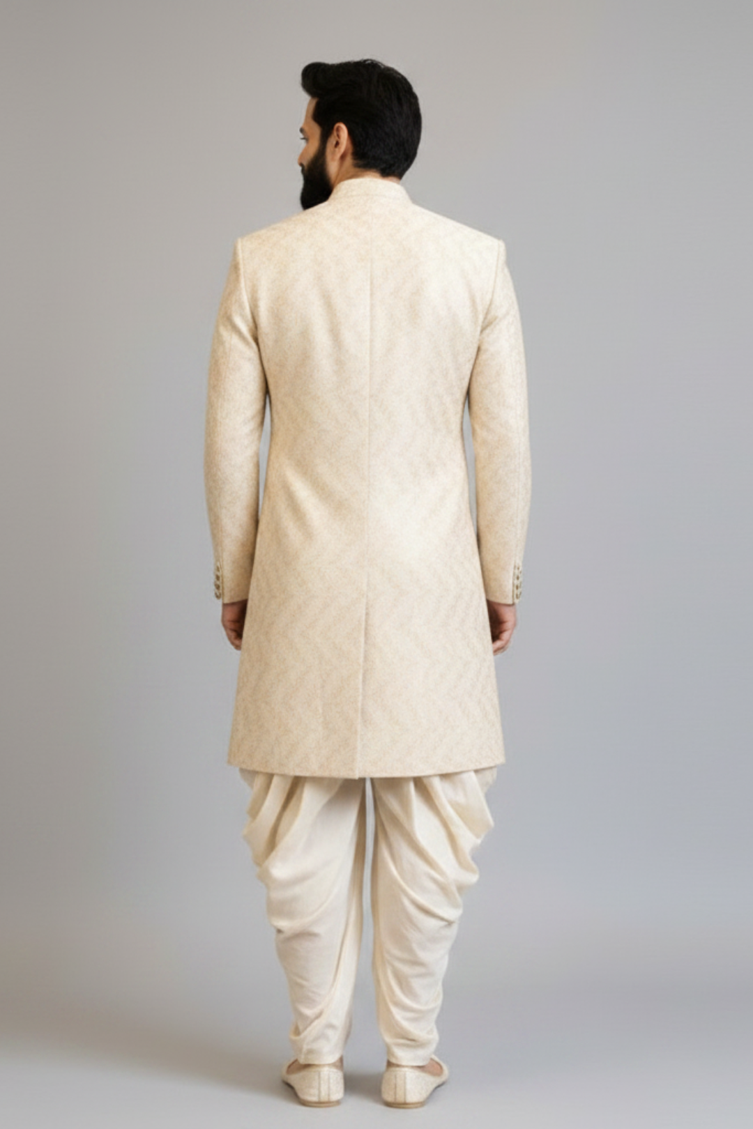 Men’s Cream Self-Textured Sherwani Set with Dhoti – Royal Wedding Wear
