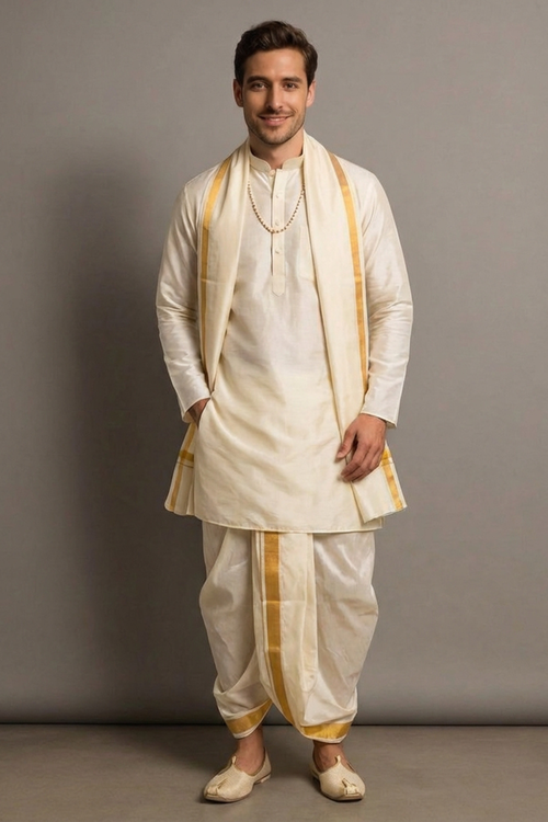 Man wearing a traditional white kurta with gold accents against a gray background