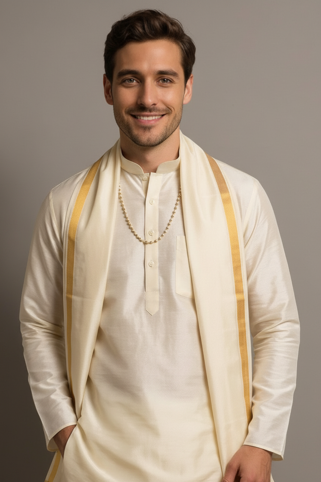 Man wearing a cream kurta with a yellow shawl against a gray background