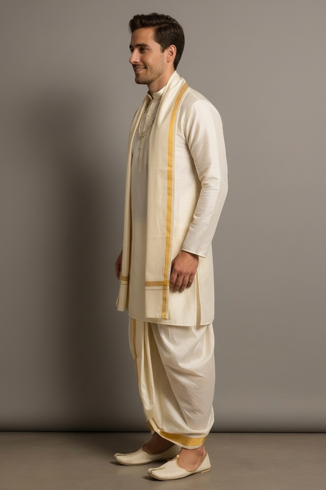 Man wearing a traditional cream sherwani with gold accents on a gray background
