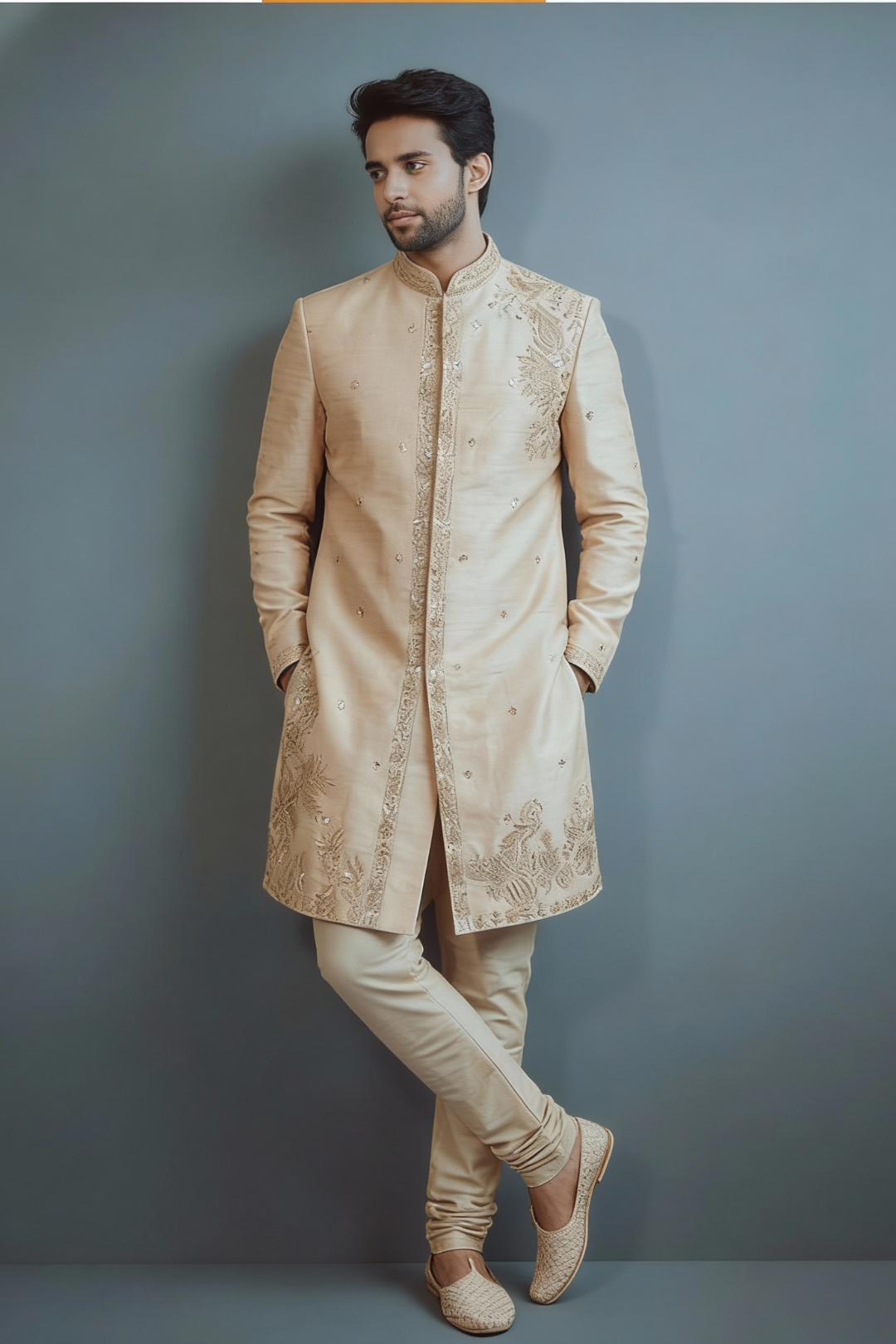 Men’s Ivory Embroidered Sherwani Set – Elegant Designer Wedding & Festive Wear