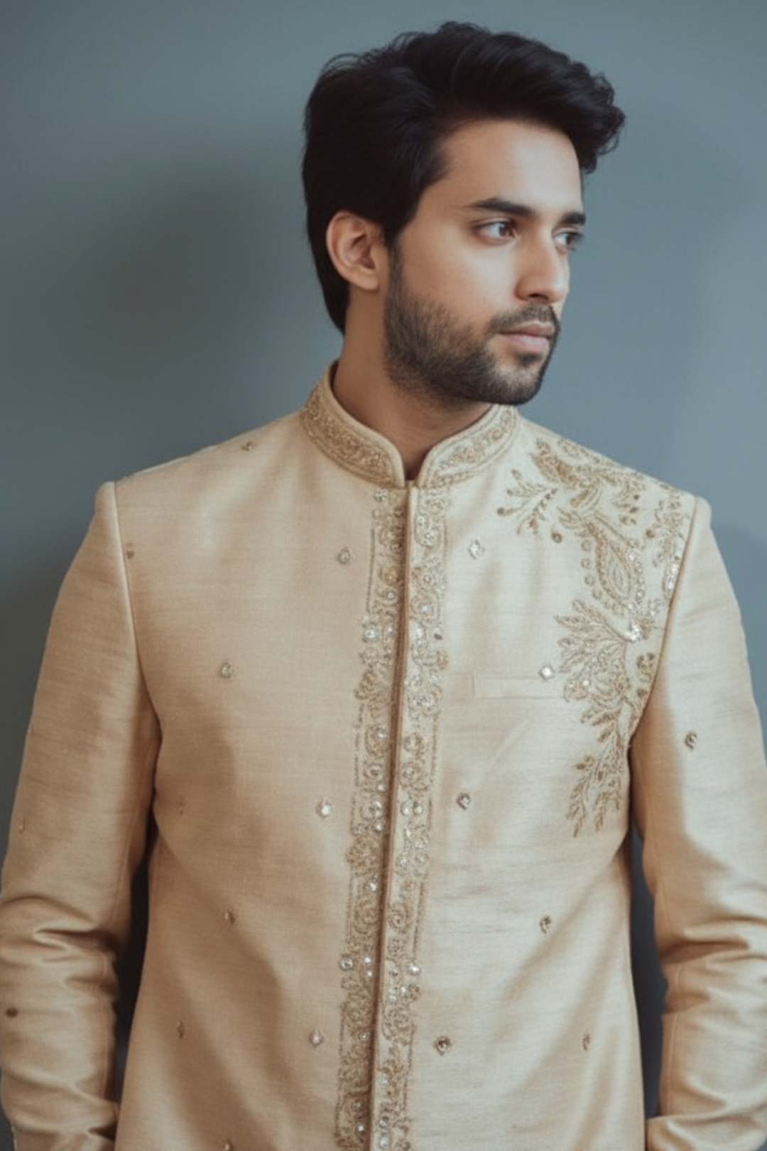 Men’s Ivory Embroidered Sherwani Set – Elegant Designer Wedding & Festive Wear