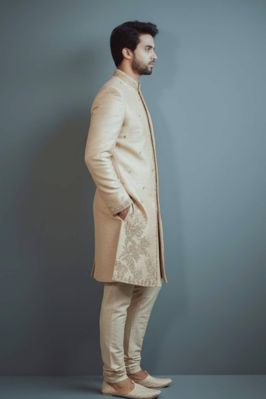 Men’s Ivory Embroidered Sherwani Set – Elegant Designer Wedding & Festive Wear