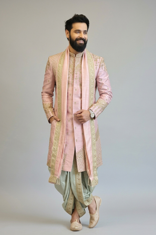The Abstract Jewel Sherwani in Onion Pink