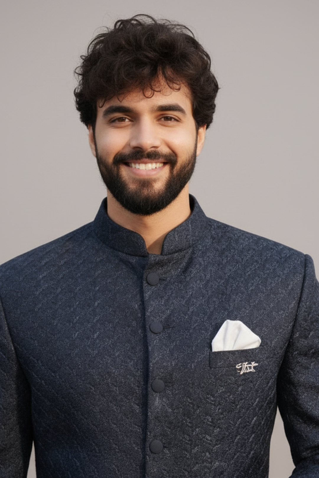 Man wearing a dark blue traditional jacket with a white pocket square against a gray background