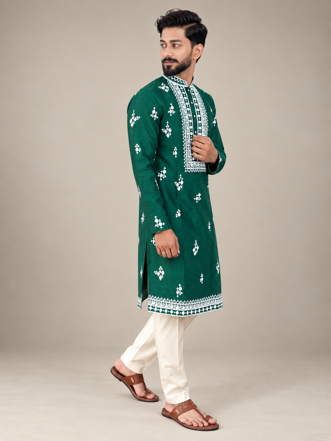 Bottle Green Embroidered Kurta