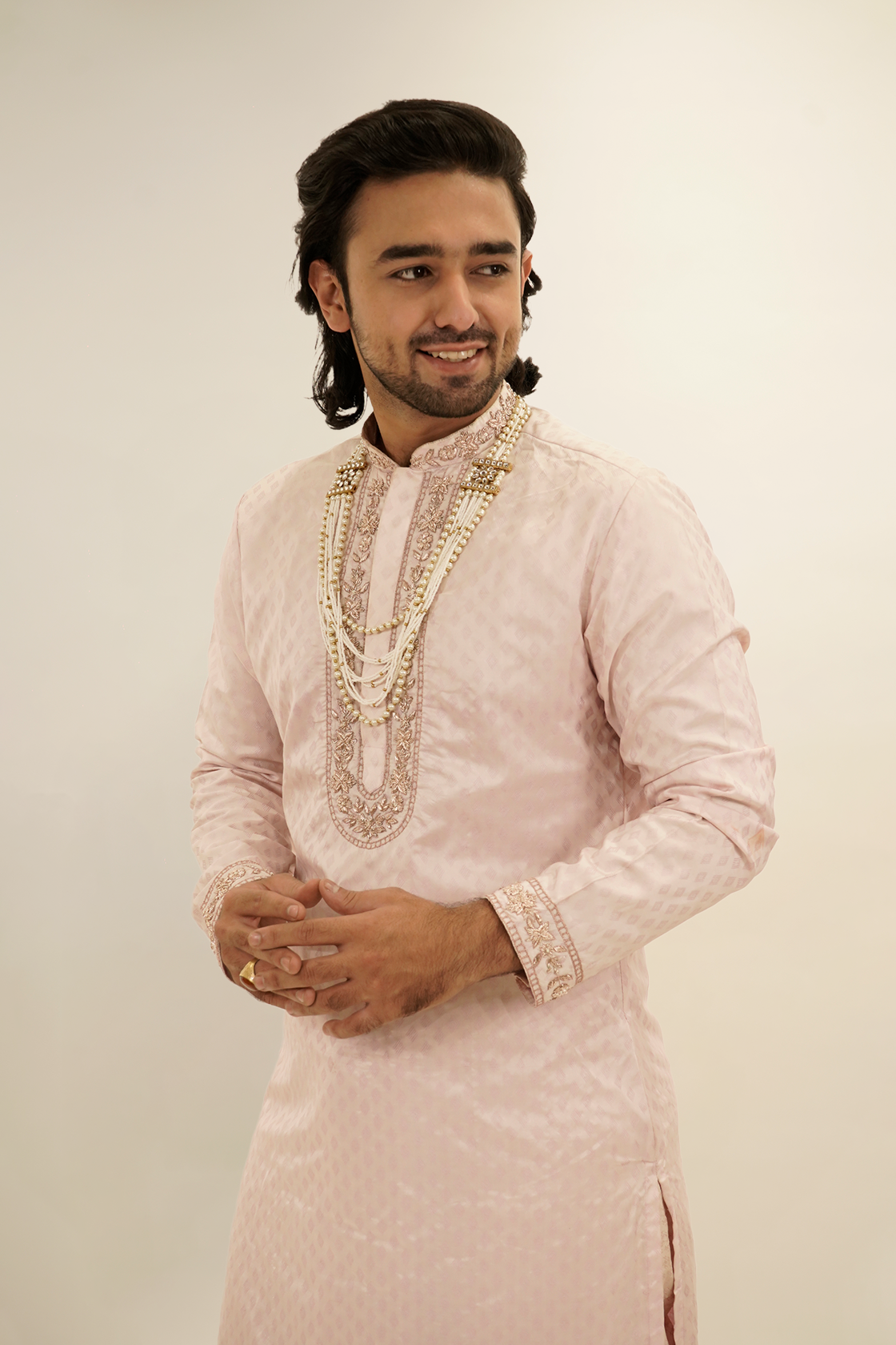 Floral Embroided Texture Pattu Kurta Set