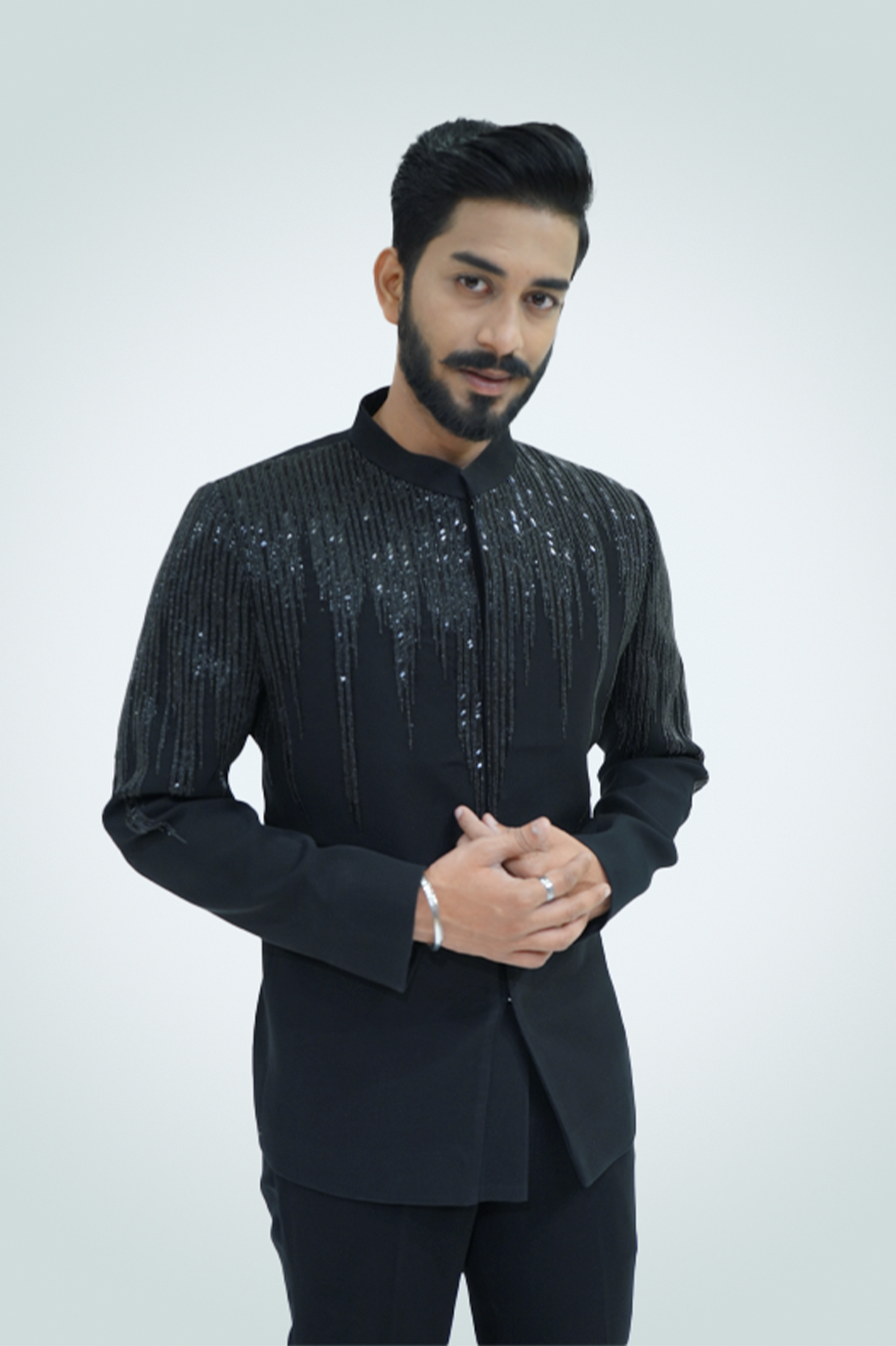 Black Embellished Italian Wood Crepe Jodhpuri