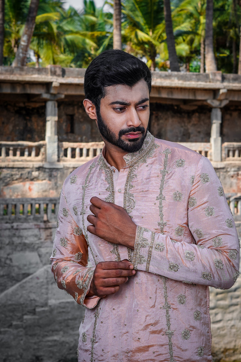 Men’s Dusty Pink Silk Sherwani Set with Embroidered Dupatta – Designer Wedding & Festive Wear
