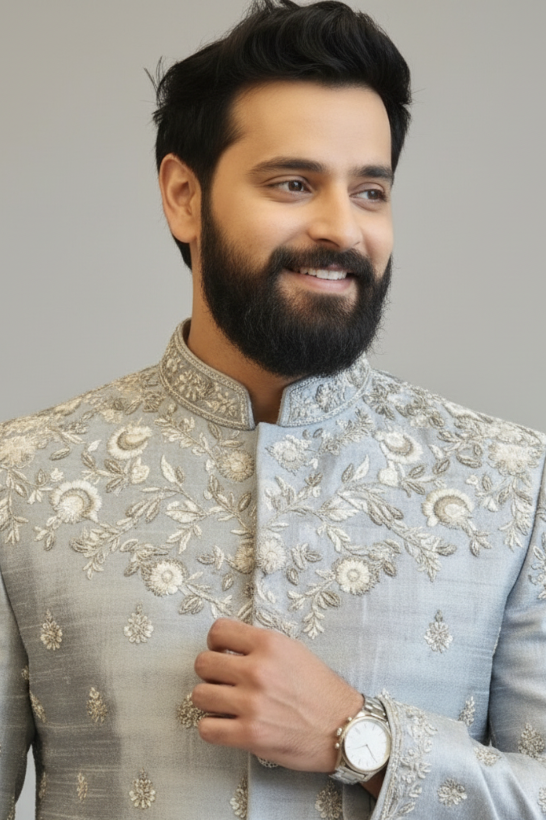 Light grey heavy maggam work sherwani