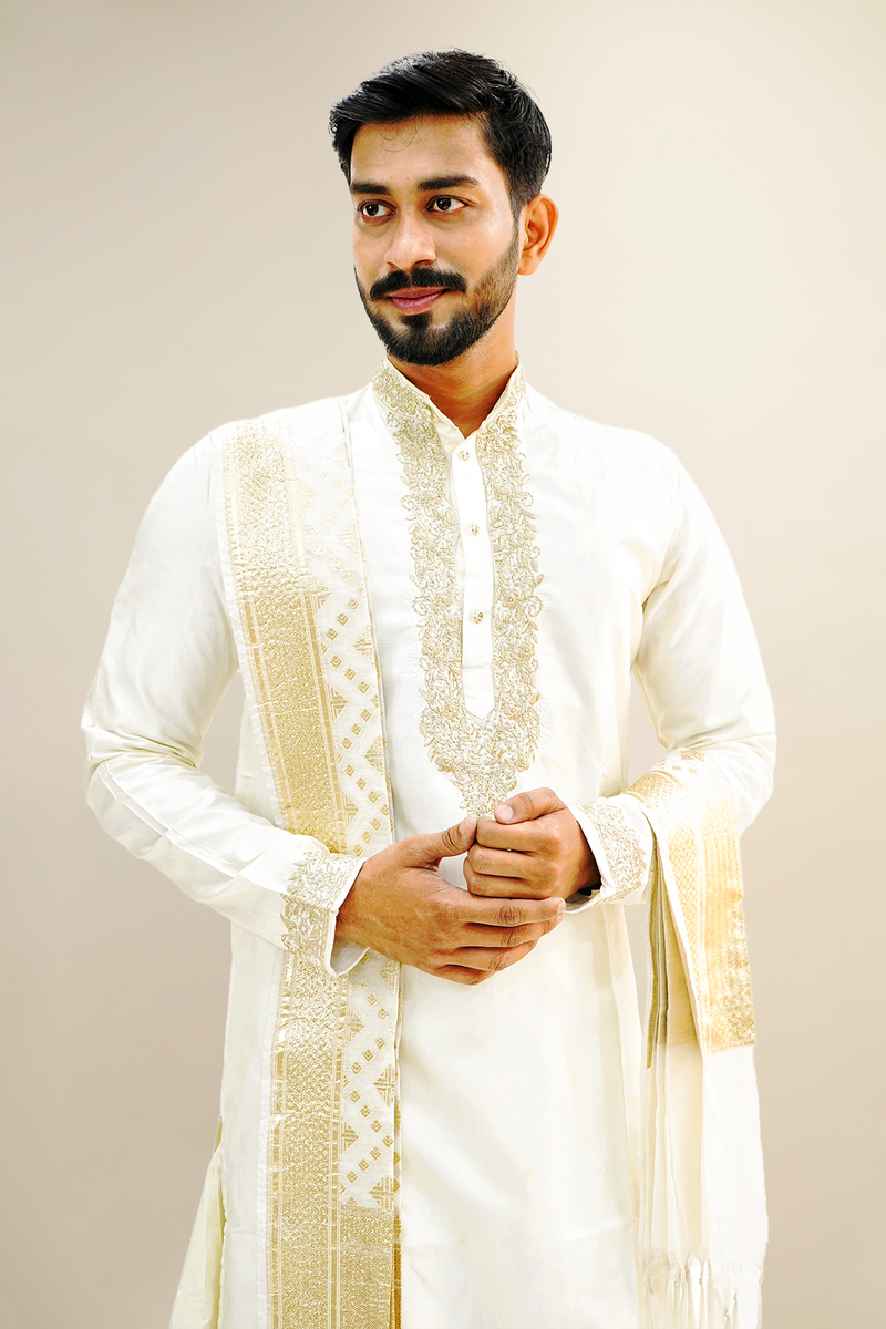 Classic Ivory Embroidered Kurta with Designer Stole