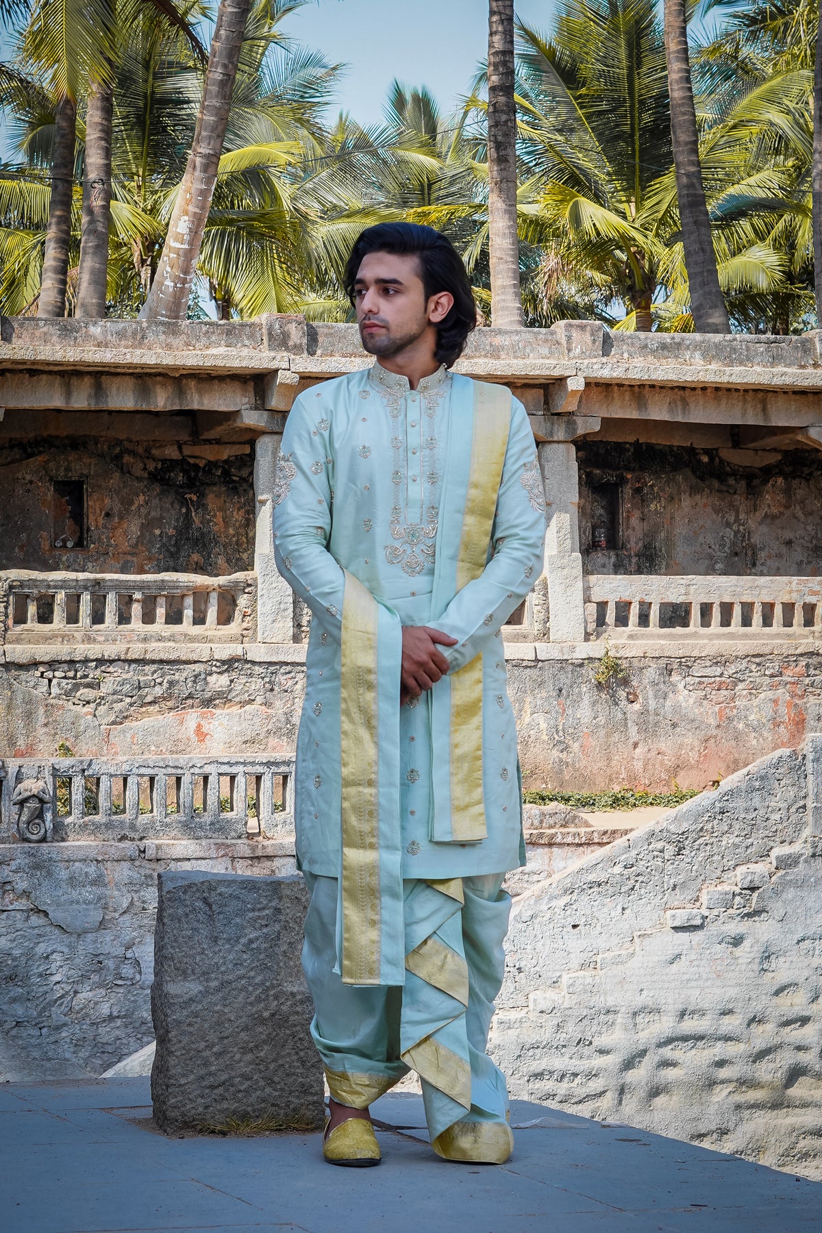 Men’s pastel blue embroidered kurta set with ethnic stole for traditional festive and celebration wear