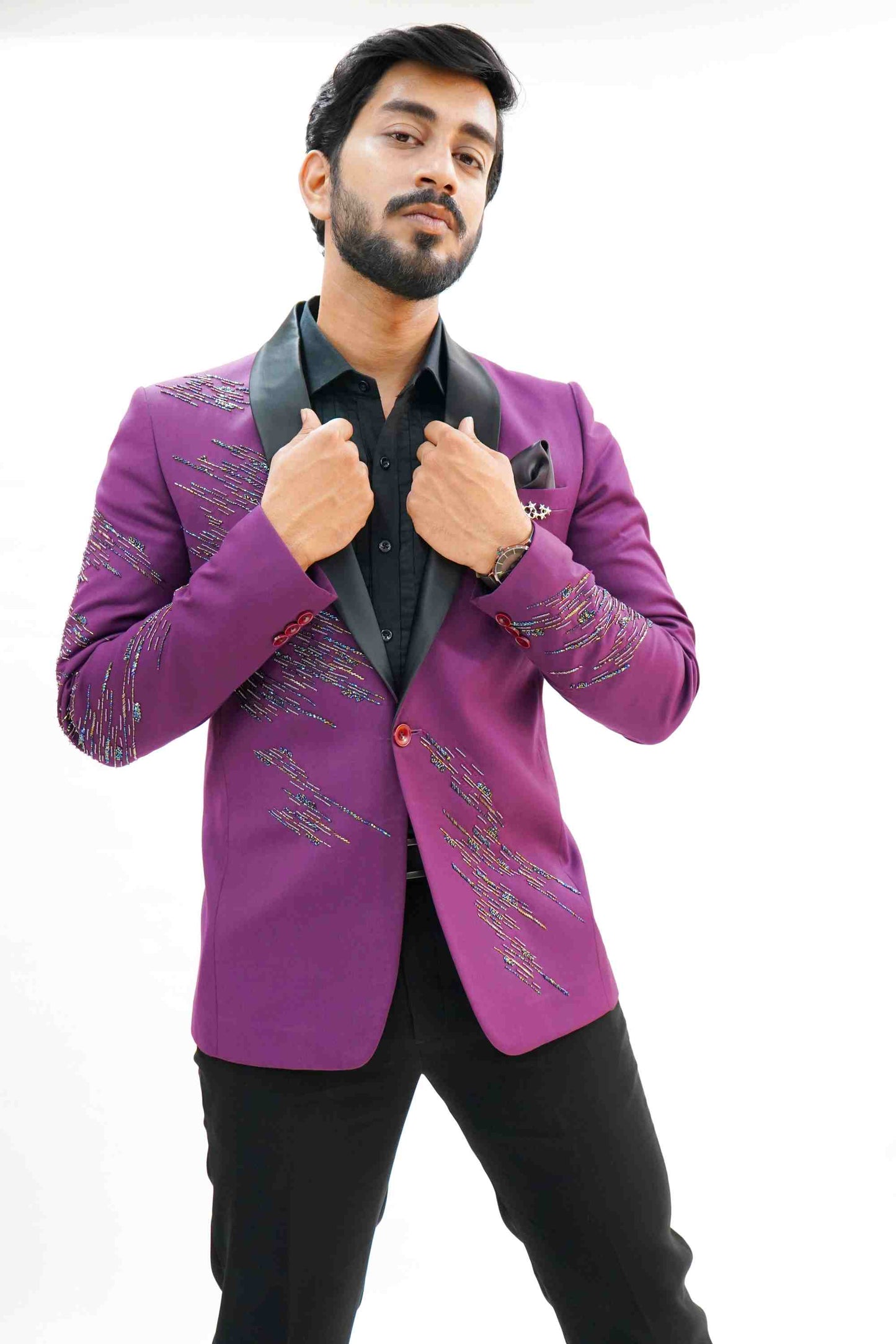 Plum Purple Shawl Lapel Embellished Tuxedo