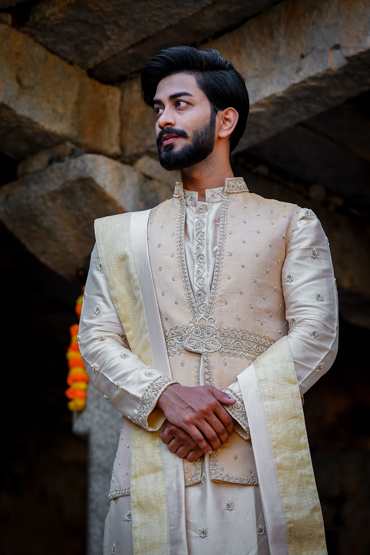 Men’s cream embroidered sherwani with zari detailing and stole for traditional wedding and festive ethnic wear